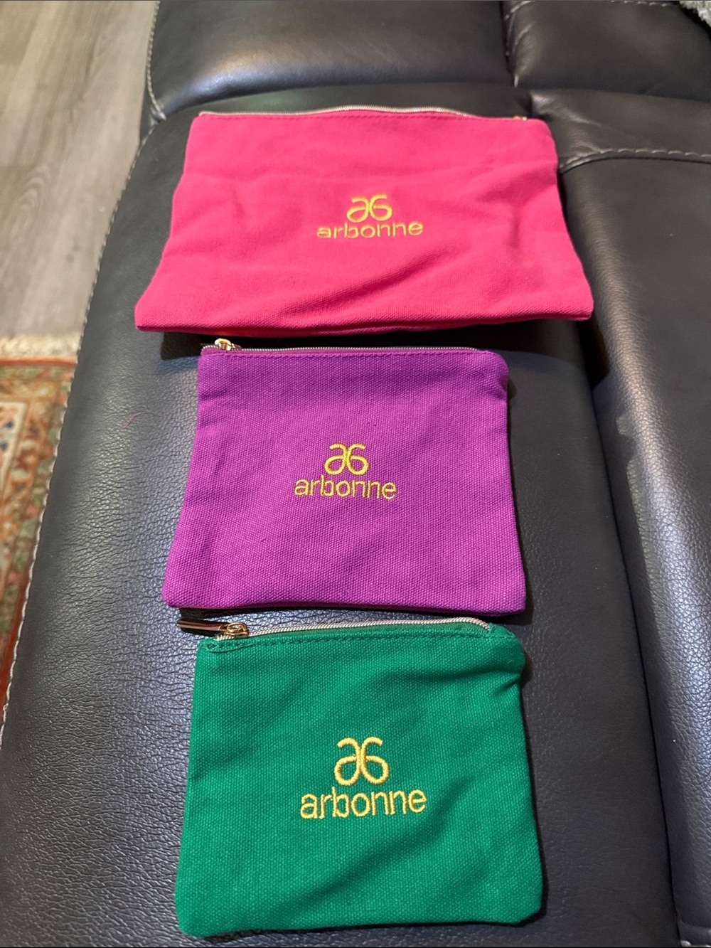 Arbonne Pink, Purple & Green Logo Zip Pouches Set